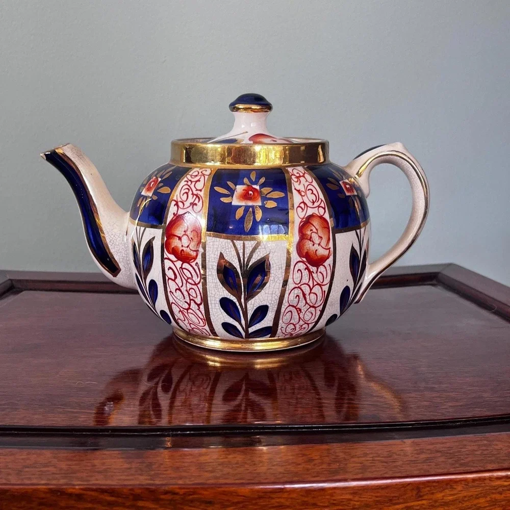 Sudlows Burlesom Gaudy Welsh‎ Tea Pot Cobalt Blue, rust and gold pattern